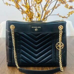 Michael Kors Black Chevron Shoulder Bag with Gold Chain